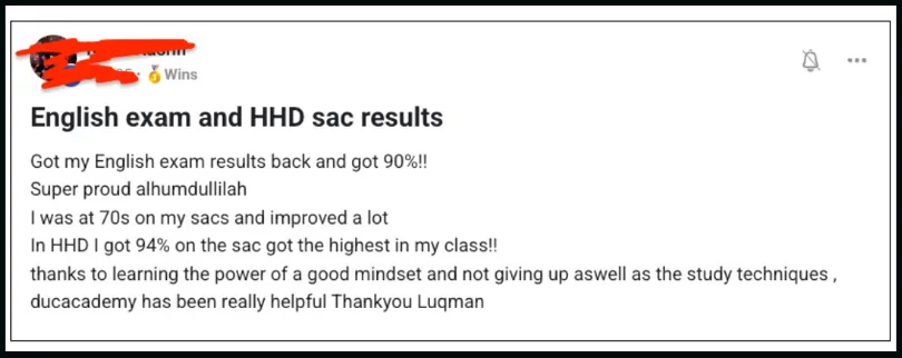 Post: I was at 70s on my SACs, got 90% in English and 94% in HHD, the highest in my class