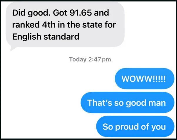 Message: Did good. Got 91.65 and ranked 4th in the state for English Standard