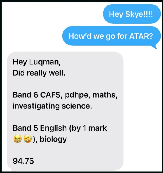 Message: Band 6 in CAFS, PDHPE, Maths and Investigating Science. 94.75