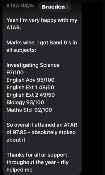 Message: Band 6s in all subjects, overall ATAR of 97.95