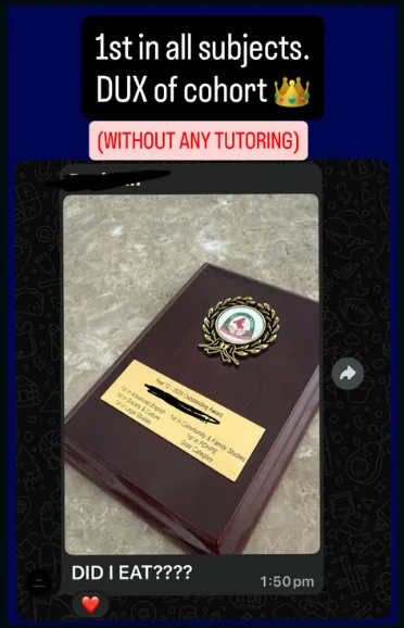 Screenshot: 1st in all subjects, DUX of cohort, without any tutoring